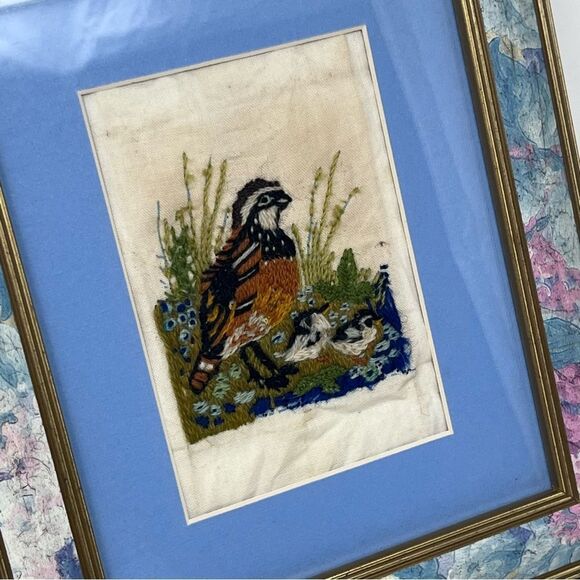 1973 Creative Crewel Mini Quails Erica Wilson  Columbia Minerva Framed Matted - Picture 3 of 7